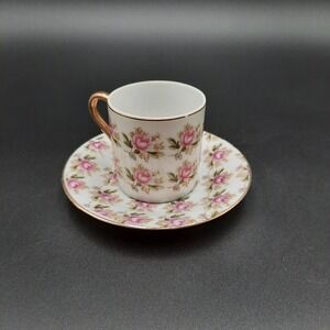 Vintage Tilso Japan Demitasse‎ Cup & Saucer Pink Rose Pattern